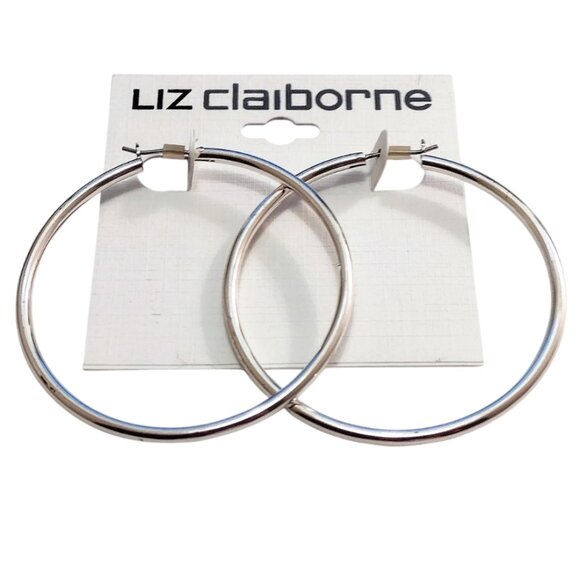 Liz Claiborne Big 2 1/8" Tube Hoops Pierced Stud Earrings Silver Tone - Picture 2 of 7